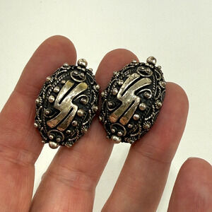 Vintage Botticelli Silver Tone Earrings Clip On Etruscan Gothic Unique Chunky